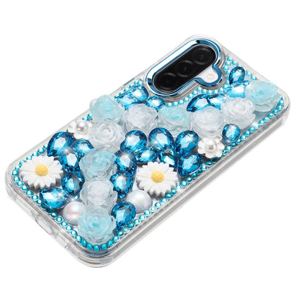 For Samsung Galaxy A17 5G Fashion Daisy Floral Series, Full 3D Bling Crystal Diamonds Sparkling Rhinestone Glitter Hybrid Design Case Cover