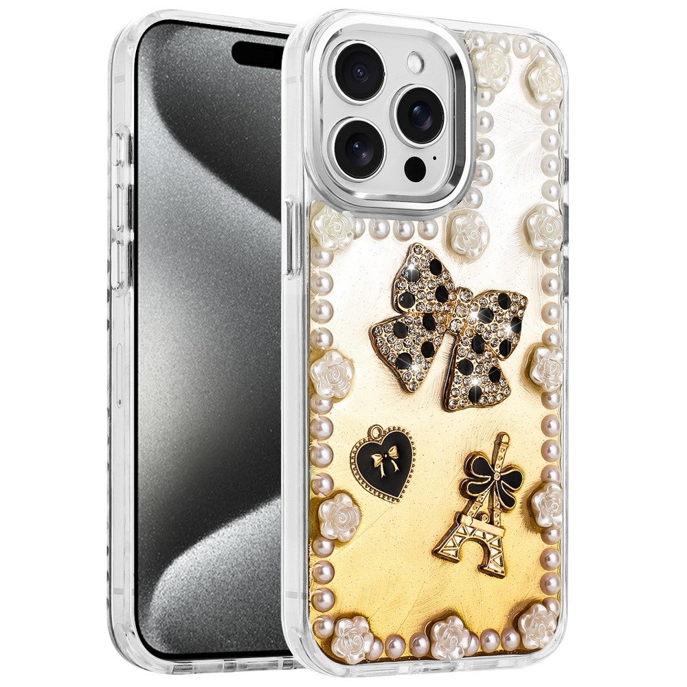 For Apple iPhone 15 Pro Max Bling Fashion Design with 3D Pearls Epoxy Glitter Ornaments Chrome Edge Hard Slim PC Case Cover