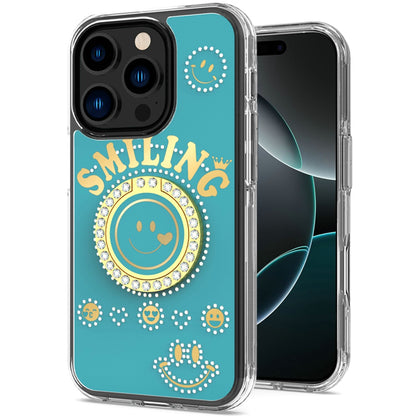 For Apple iPhone 16 Pro (6.3") Smiling Glitter Ornament Bling Sparkle with Ring Stand Hybrid Slim TPU + Hard Back Shell Case Cover
