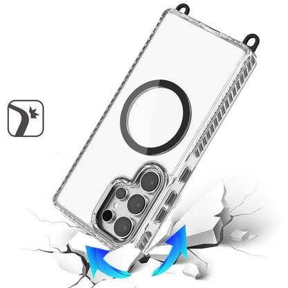 For Samsung Galaxy S25 Ultra Clear Magnetic Frame PC Back Shockproof Protective Case with Detachable Lanyard Strap, Compatible with MagSafe Case Cover