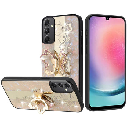 For Samsung Galaxy A06 Diamonds 3D Butterfly Bling Sparkly Glitter Ornaments Engraving Hybrid with Ring Stand Fashion Case Cover Enchanted Butterfly Gold