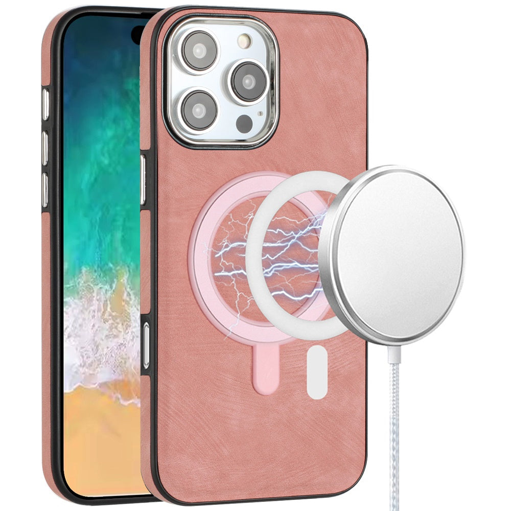 For Apple iPhone 16 Pro Max (6.9") PU Vegan Leather Chrome Edged Hybrid Hard PC TPU Rubber Compatible with MagSafe Case Cover