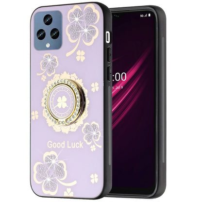 For Motorola Moto G 5G 2025 Diamonds 3D Fashion Floral Bling Sparkly Glitter Ornaments Engraving Hybrid with Ring Stand Case Cover Purple Good Luck Floral