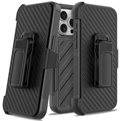 For Apple iPhone 16e Premium Tough Hybrid Case with Belt Clip Holster, Shockproof Rugged Design, Textured 2in1 Non-Slip Case Cover Black