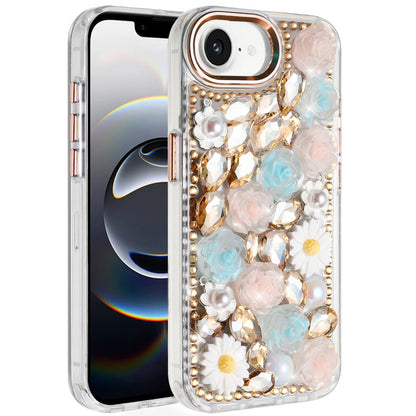 For Apple iPhone 16e Fashion Daisy Floral Series, Full 3D Bling Crystal Diamonds Sparkling Rhinestone Glitter Hybrid Design Case Cover