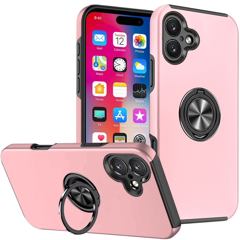 For Apple iPhone 16 (6.1") Hybrid Slim Kickstand with Metal Invisible Ring Stand Holder Fit Magnetic Car Mount Shockproof Case Cover