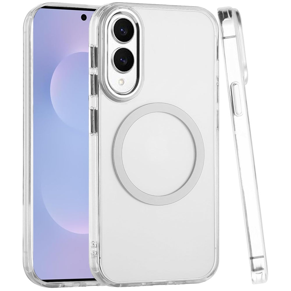 For Samsung Galaxy S25 EDGE Transparent Back Hybrid Case - Magnetic Circle, Color Frame, Metal Buttons, MagSafe Compatible Case Cover