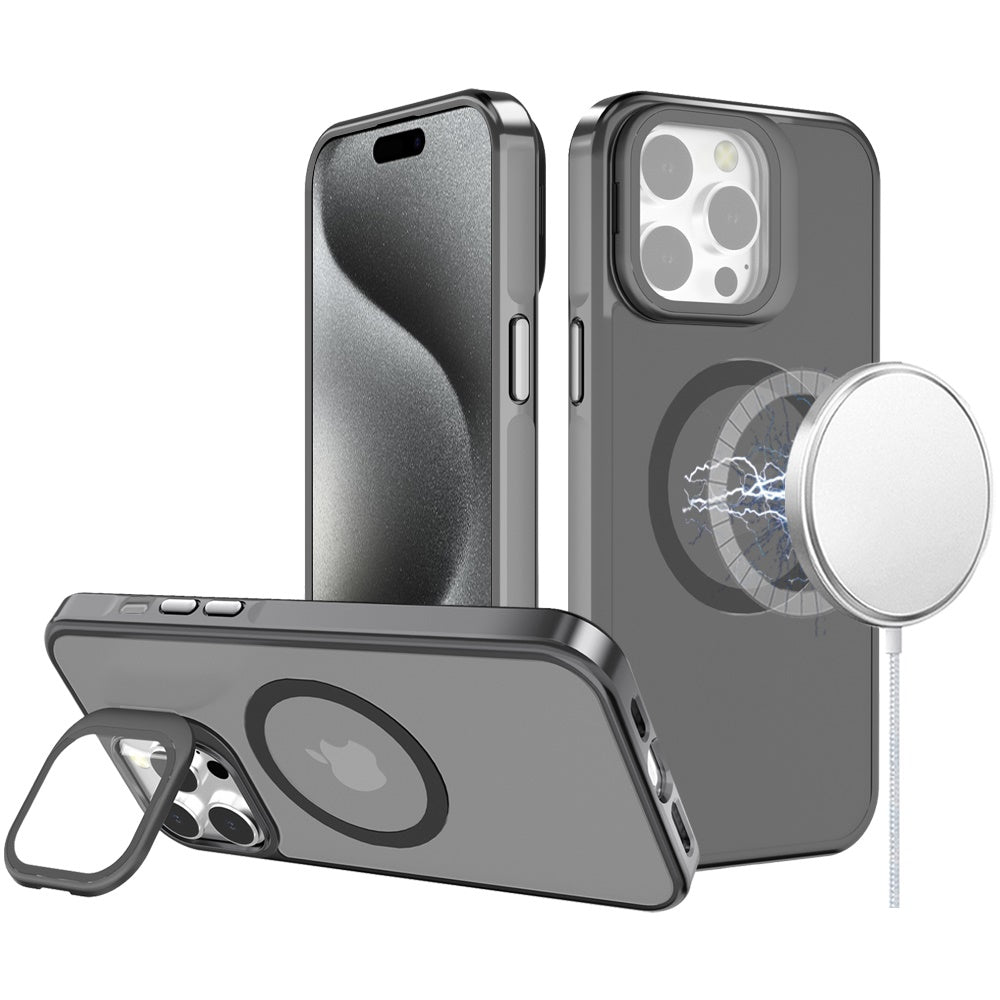 For Apple iPhone 15 Pro Max Tough HQ Hybrid Case with Aluminum Frame Camera Stand, Compatible with MagSafe, Translucent Matte Shockproof Case Cover