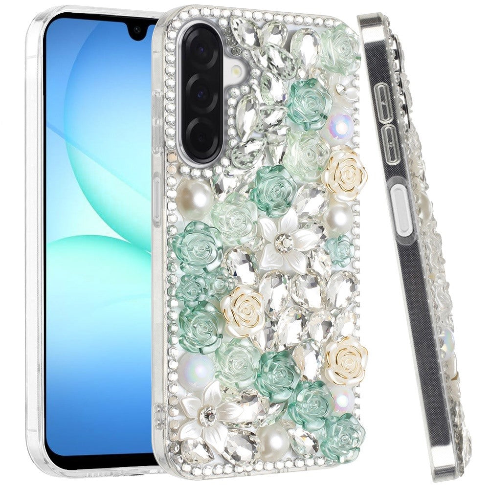 For Samsung Galaxy S25 Fan Edition /Galaxy S25 FE Fashion Rose Flower Floral Bling Crystal 3D Full Diamonds Pearl Sparkle Rhinestone Glitter Hybrid Case Cover