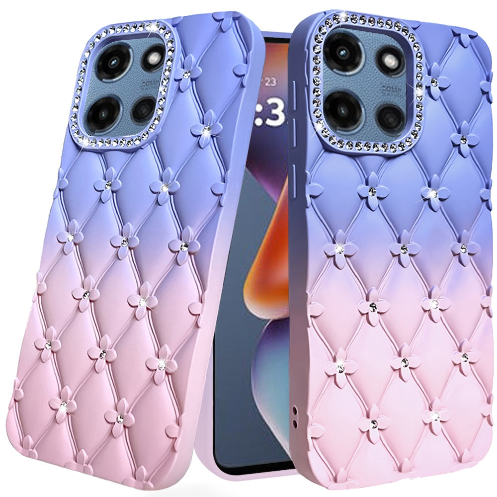 For Motorola Edge 2025 Fashion Flower Design Sparkle Glitter Shimmer Rhinestone Bling Floral Accents, Leather Texture TPU Case Cover