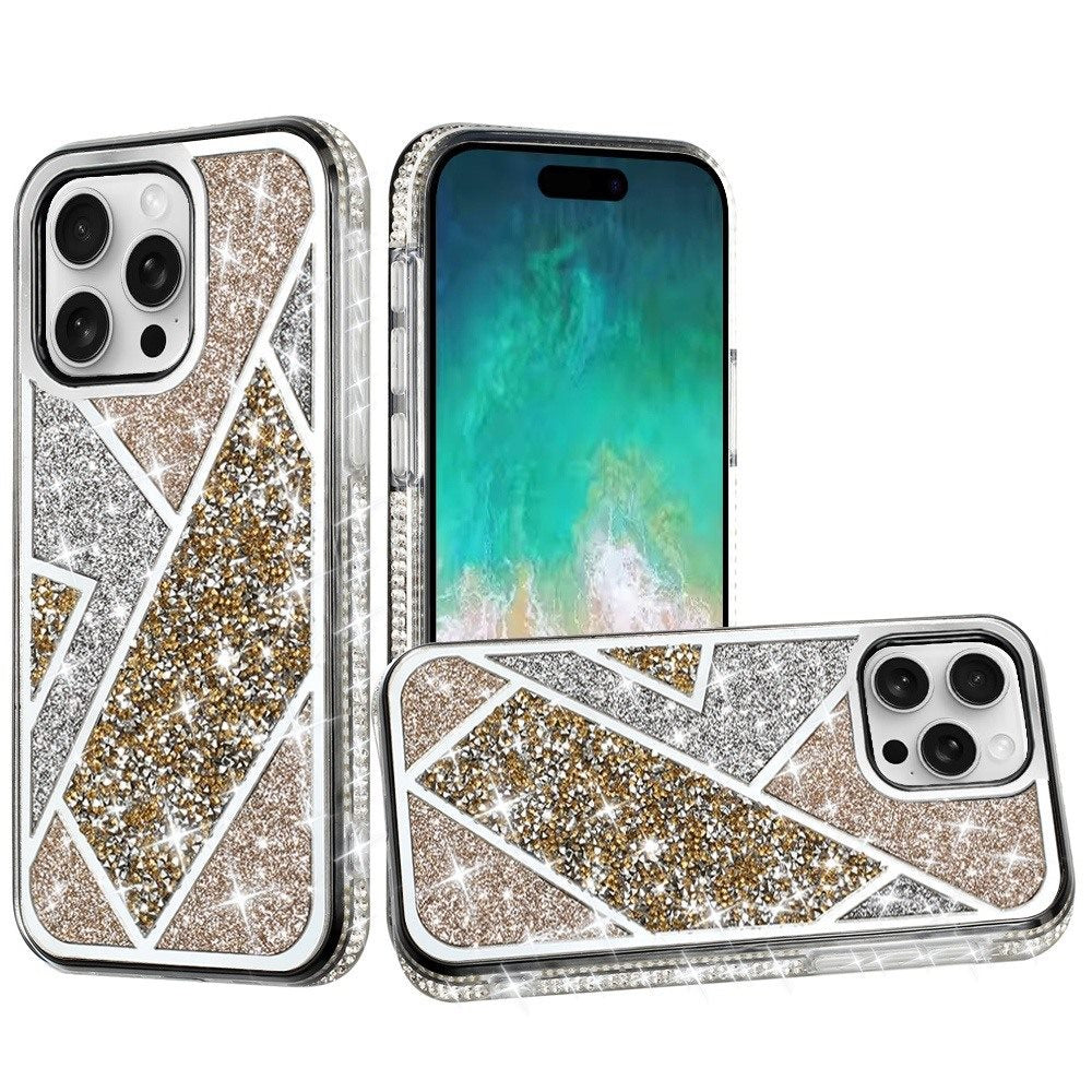 For Apple iPhone 16 Pro (6.3") Cute Fancy Glitter Bling Diamond Rhinestone Sparkly Bumper Fashion Shiny Hybrid Rugged TPU Case Cover Gold