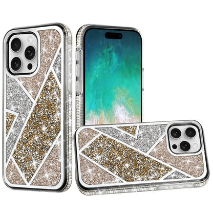 For Apple iPhone 16 Pro (6.3") Cute Fancy Glitter Bling Diamond Rhinestone Sparkly Bumper Fashion Shiny Hybrid Rugged TPU Case Cover Gold