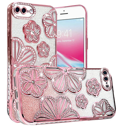For Apple iPhone SE 3 (2022) SE/8/7 Luxury Floral Design Sparkle Glitter Diamond Crystal Rhinestone Shimmer Bling Plating Thick TPU Hard PC Case Cover