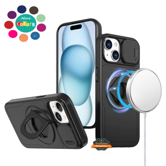For Apple iPhone 15 Pro Max Full Coverage with Camera Window, Magnetic Circle, Rotatable Ring Stand, MagSafe Compatible, Shockproof Hybrid Protectiv Case Cover