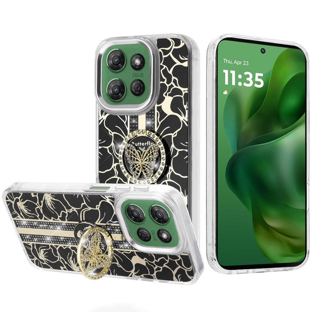 For Motorola Edge 2025 Diamonds 3D Butterfly Floral Design Bling Sparkly Glitter Hybrid Metal Fashion with Ring Stand Case Cover