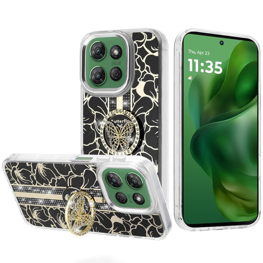 For Motorola Edge 2025 Diamonds 3D Butterfly Floral Design Bling Sparkly Glitter Hybrid Metal Fashion with Ring Stand Case Cover