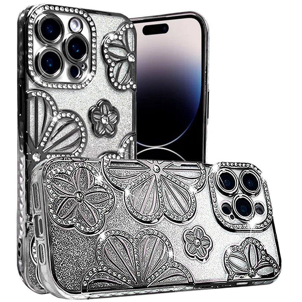 For Apple iPhone XR Luxury Floral Design Sparkle Glitter Diamond Crystal Rhinestone Shimmer Bling Plating Thick TPU Hard PC Case Cover
