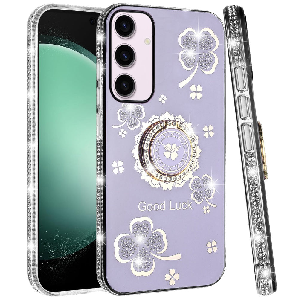 For Samsung Galaxy S23+ Plus Diamonds Bling All Around Edges Sparkly Glitter Hybrid Ring Stand Holder Fashion Good Luck Case Cover