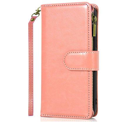 For Samsung Galaxy A16 5G PU Leather Zipper Wallet Case 9 Credit Card Slots Cash Money Pocket Clutch Pouch with Stand & Strap Case Cover Rose Gold