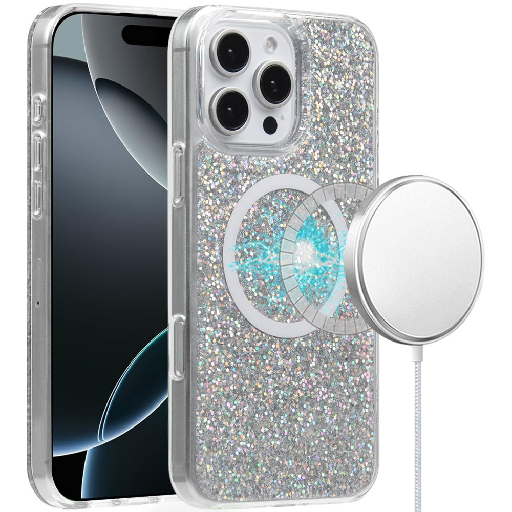 For Apple iPhone 16 Pro Max (6.9") Transparent Epoxy Glitter Magnetic Circle Compatible with MagSafe Hybrid Bling Sparkle Hard PC Slim TPU Case Cover