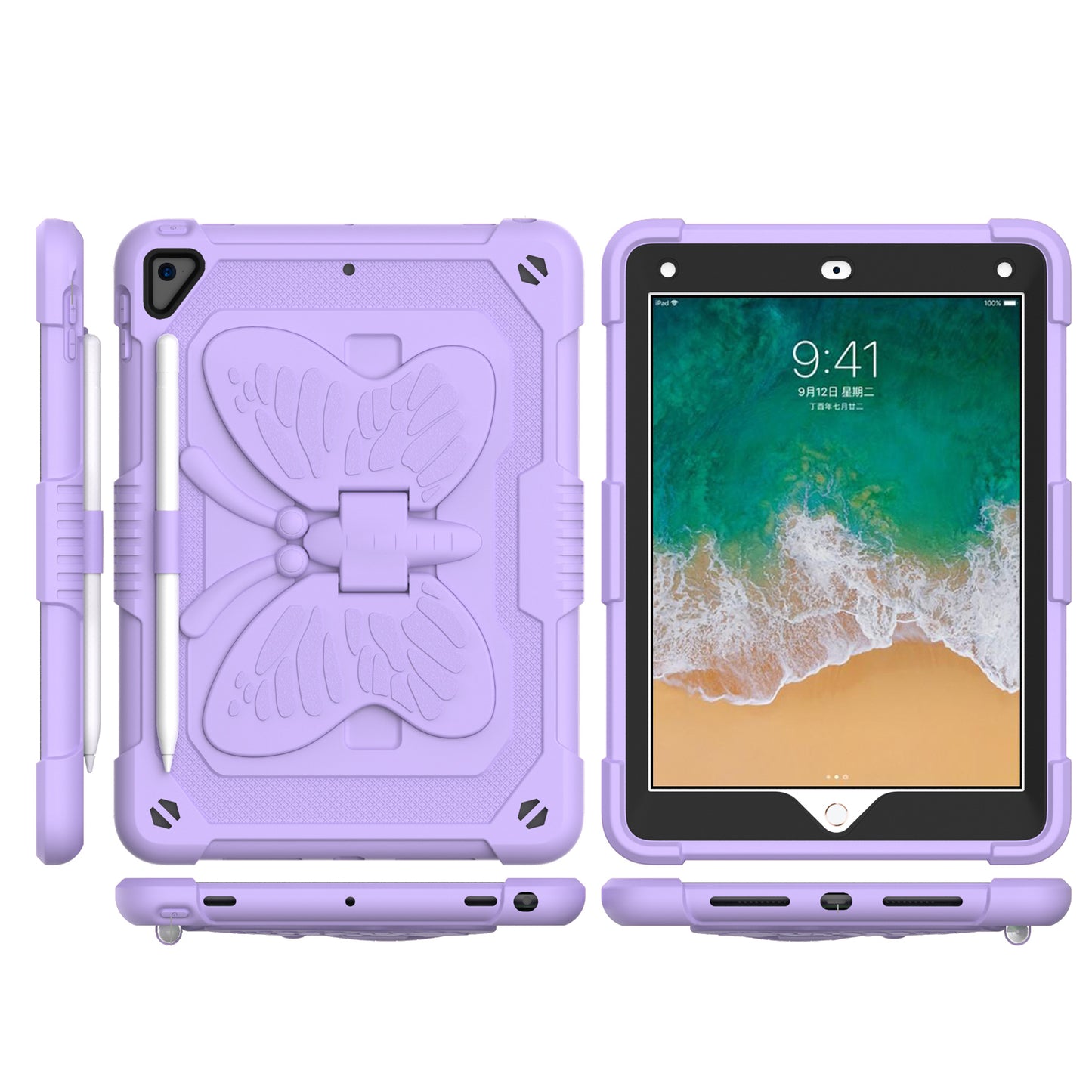 For Butterfly Wings Kickstand 3in1 Tough Hybrid with Pencil Holder Heavy Duty Rugged Shockproof Full Protective Purple Tablet Case Cover