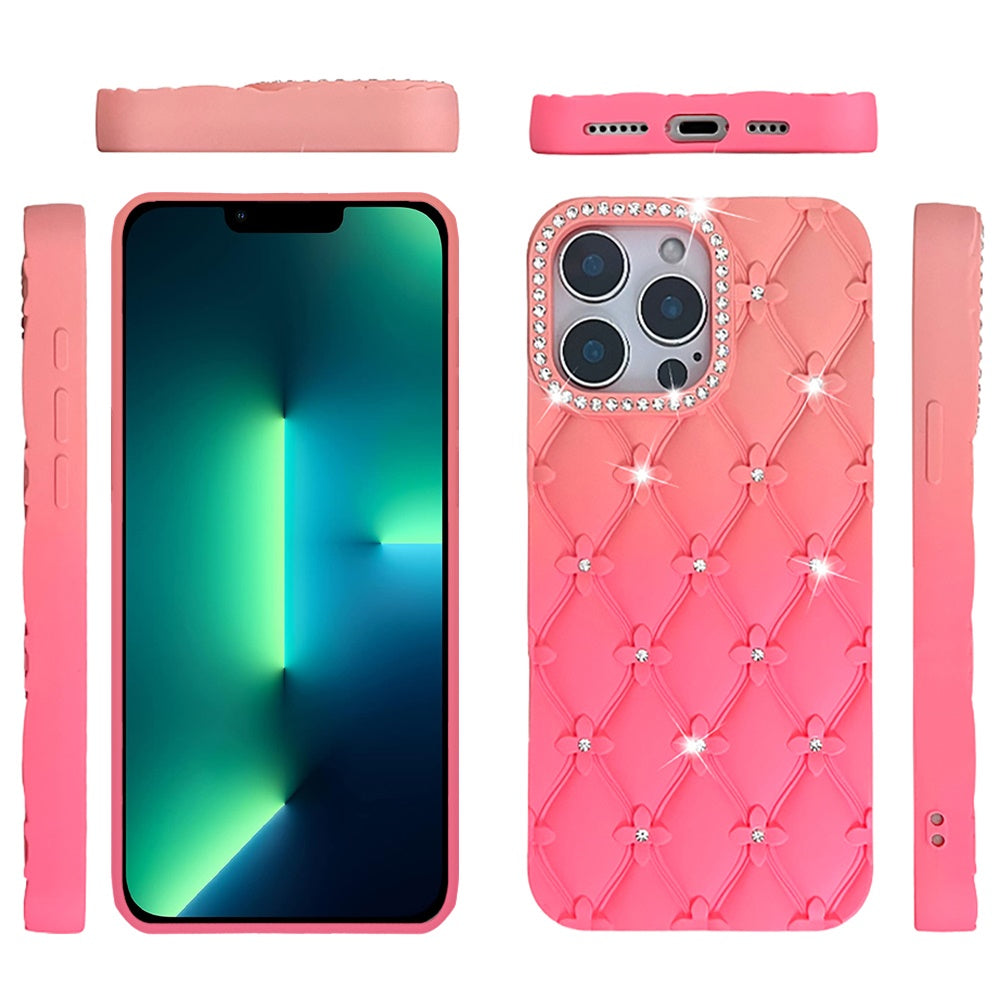 For Apple iPhone 11 Fashion Flower Design Sparkle Glitter Shimmer Rhinestone Bling Floral Accents, Leather Texture TPU Case Cover Orange /Pink