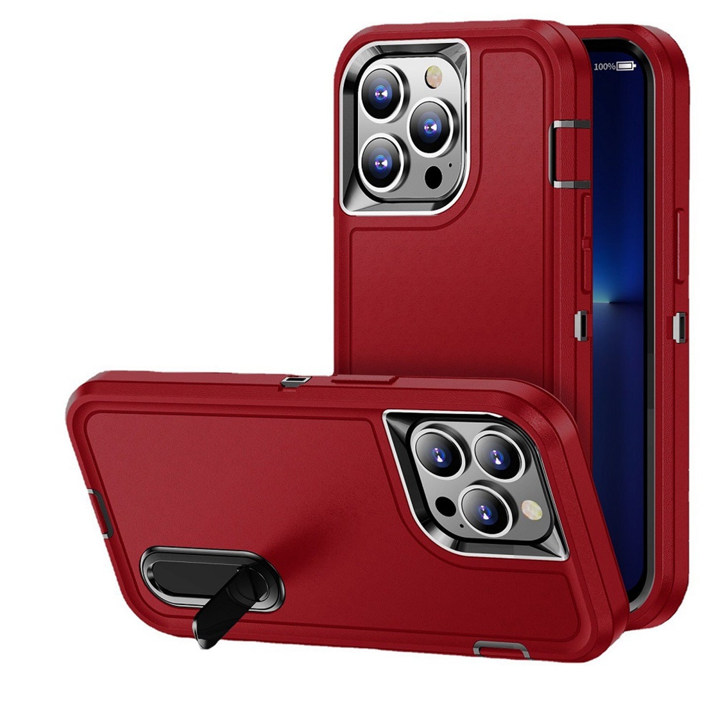 For Apple iPhone 16 (6.1") Hybrid 3 Layers Hard 3in1 Shockproof with Kickstand Heavy Duty Hard TPU Rubber Anti-Drop Case Cover Red