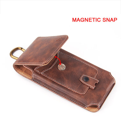 For Apple iPhone 16 Pro (6.3") Universal Vertical Leather Case Holster with Credit Card Holder, Belt Loop & Carabiner Carrying Phone Pouch [Brown]