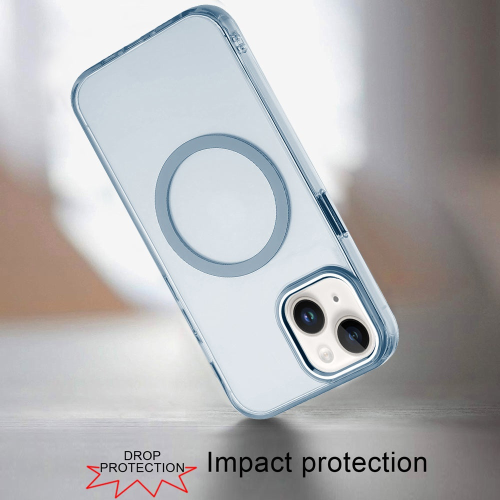 For Apple iPhone 14 /13 Transparent Back Hybrid Case - Magnetic Circle, Color Frame, Metal Buttons, MagSafe Compatible Case Cover