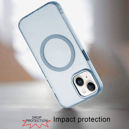 For Apple iPhone 14 Plus Transparent Back Hybrid Case - Magnetic Circle, Color Frame, Metal Buttons, MagSafe Compatible Case Cover