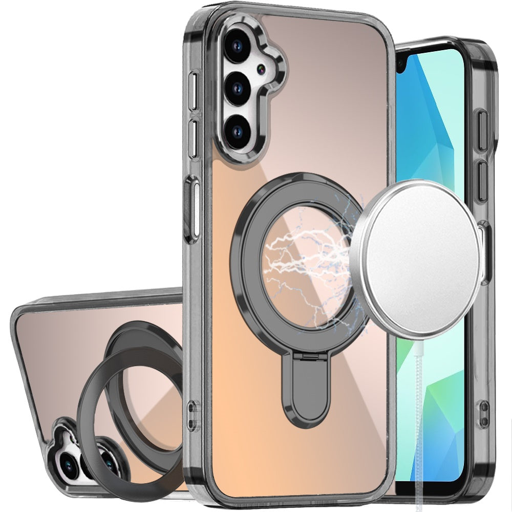 For Samsung Galaxy A17 5G Chrome Hybrid with Rotating Magnetic Circle Ring Stand, Slim Shockproof Hybrid Case Cover