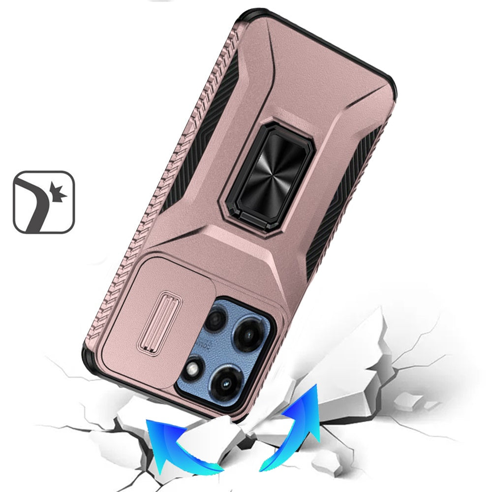 For Motorola Moto G Stylus 5G 2025 Case, Camera Cover with Magnetic Rotation Ring Stand, Military Grade Hybrid Hard TPU Shockproof Case Cover Rose Gold