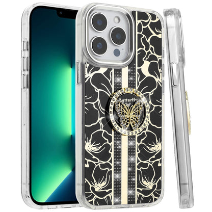 For Apple iPhone 16 Pro Max (6.9") Diamonds 3D Butterfly Floral Design Bling Sparkly Glitter Hybrid Metal Fashion with Ring Stand Case Cover