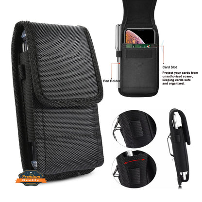 For Apple iPhone 16 Plus (6.7") Vertical Nylon Canvas Holster Universal Cell Phone Pouch Velcro Closure with Credit Card Slot & Belt Clip Loop Carabiner [Black]