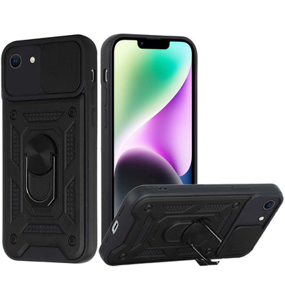 For Apple iPhone 16e Hybrid Case with Slide Camera Lens Cover, Ring Kickstand, Heavy-Duty Dual Layer TPU, Fit Magnet Car Mount Case Cover