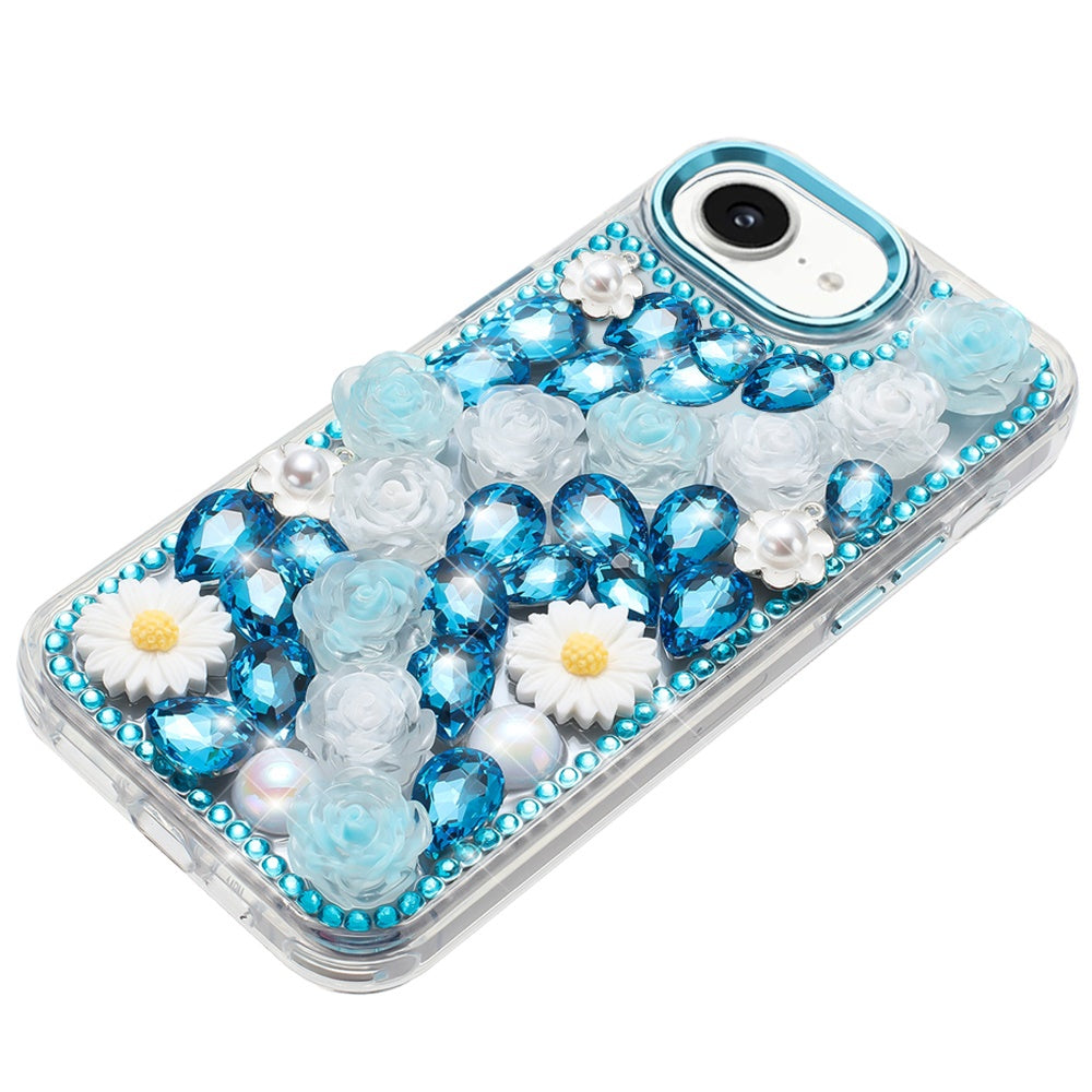 For Apple iPhone 16e Fashion Daisy Floral Series, Full 3D Bling Crystal Diamonds Sparkling Rhinestone Glitter Hybrid Design Case Cover