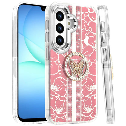 For Samsung Galaxy S25 Fan Edition /Galaxy S25 FE Diamonds 3D Butterfly Floral Design Bling Sparkly Glitter Hybrid Metal Fashion with Ring Stand Case Cover