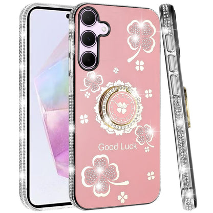 For Apple iPhone 16e Diamonds Bling All Around Edges Sparkly Glitter Hybrid with Ring Stand Holder Fashion Good Luck Case Cover