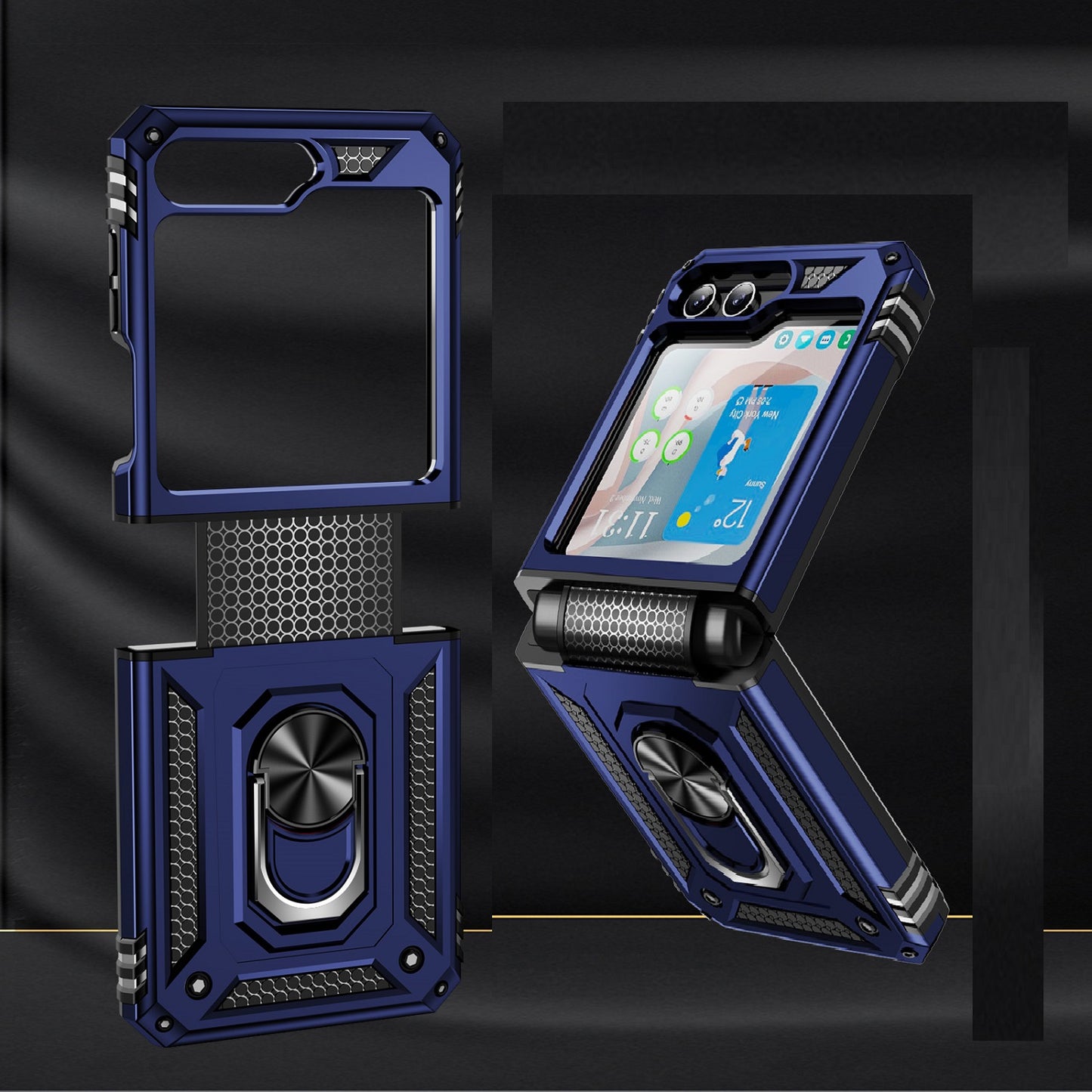 For Samsung Galaxy Z Flip 7 FE Hybrid Shockproof Protective with Magnetic 360° rotating Ring Kickstand, TPU Rubber PC Case Cover Blue