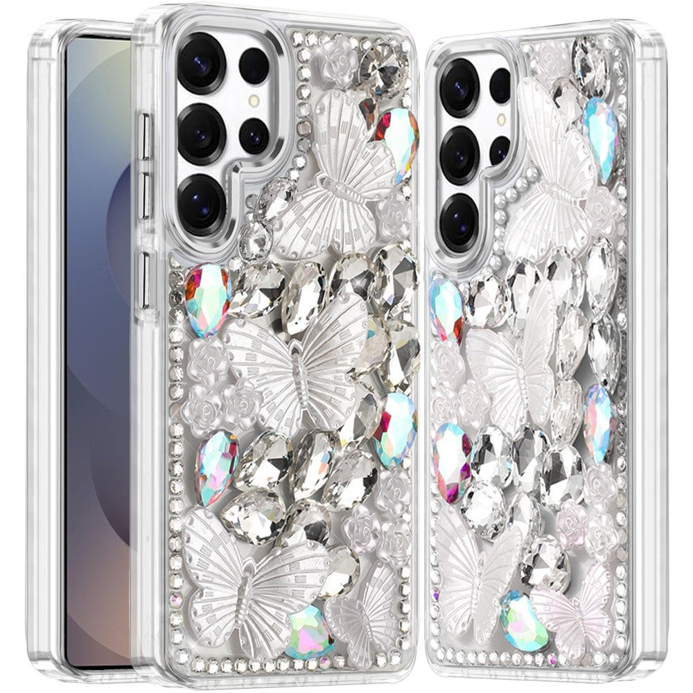 For Samsung Galaxy S25 Fan Edition /Galaxy S25 FE 3D Diamond Floral Butterfly Bling Stone Hybrid, Sparkly Rhinestone Gemstone Back Shockproof Case Cover