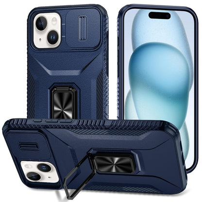 For Apple iPhone 15 Case, Camera Cover with Magnetic Rotation Ring Stand, Military Grade Hybrid Hard TPU Shockproof Case Cover Blue