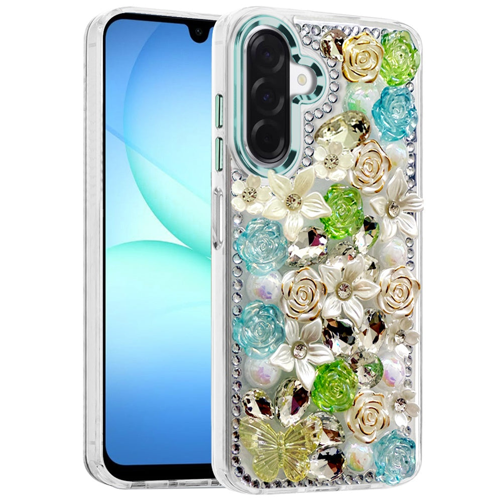 For Samsung Galaxy A17 5G 3D Diamond Floral Roses Flower Bling Stone Hybrid, Sparkly Rhinestone Gemstone Back Shockproof Case Cover