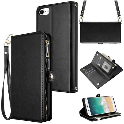 For Apple iPhone SE 4 Wallet Purse Stylish Design with Credit Card & ID Slots, Durable Zipper Storage, Adjustable Lanyard Case Cover Black