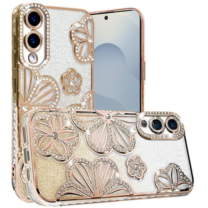 For Samsung Galaxy A26 Luxury Flower Design Sparkle Glitter Diamond Rhinestone Shimmer Bling Plating Thick TPU Hard PC Case Cover