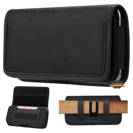 For Apple iPhone 16 Plus (6.7") Pouch Case Universal Horizontal Canvas with Credit Card ID Slot and Belt Clip Loop Holster Cell Phone Holder Cover [Black]