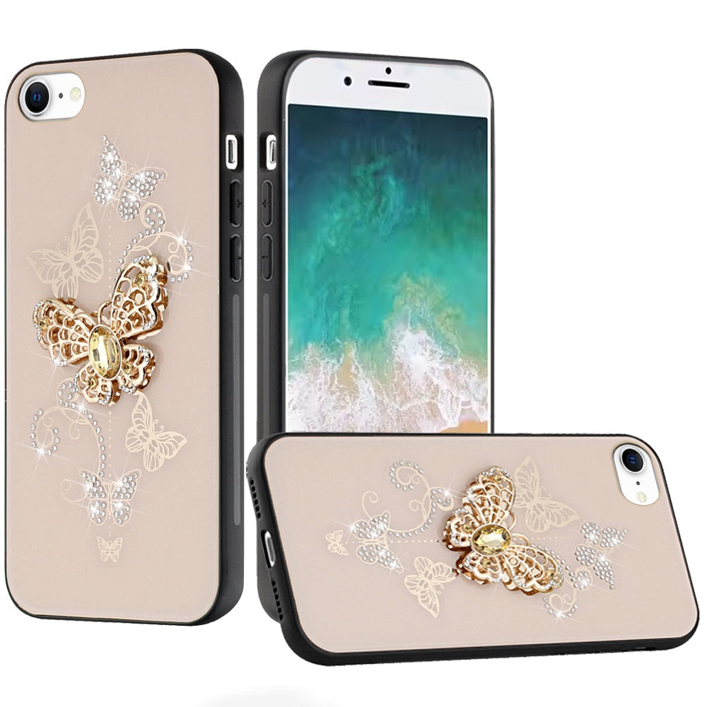 For Apple iPhone 16e Diamonds 3D Butterfly Bling Sparkly Glitter Ornaments Engraving Hybrid Metal Fashion Case Cover Gold Garden Butterflies