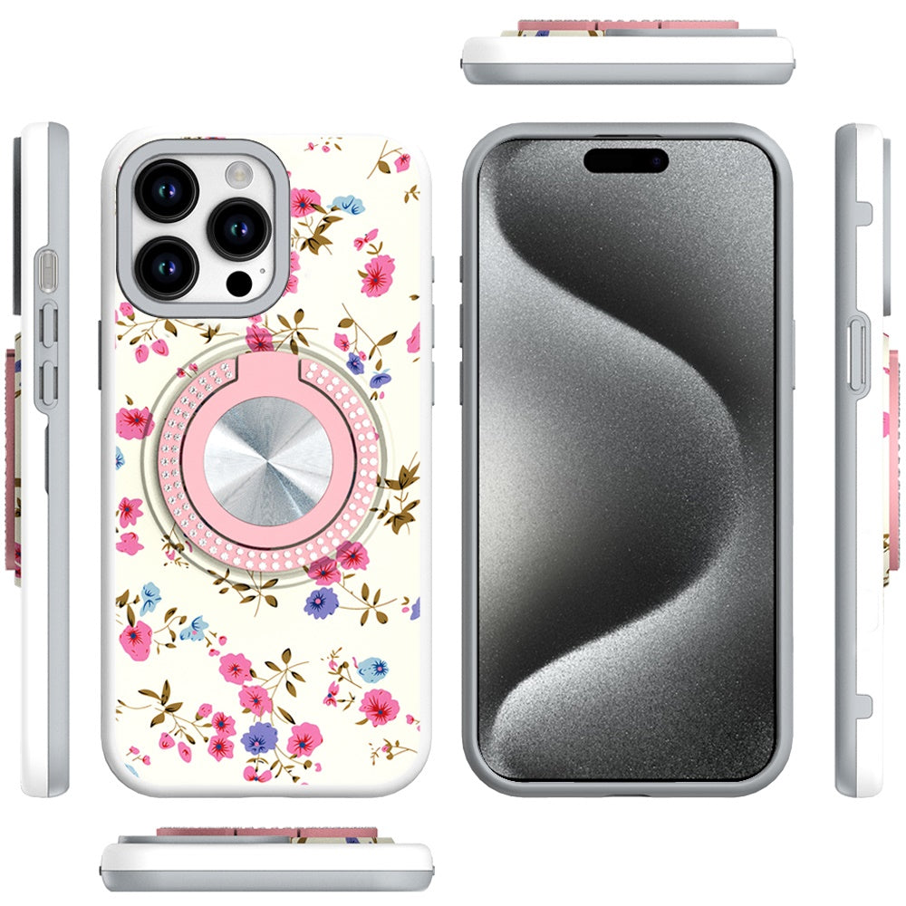 For Apple iPhone 15 Pro Max Pattern Design Hybrid with Invisible Ring Stand & Magnetic Back, Shockproof Protective Grip Case Cover