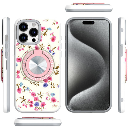 For Apple iPhone 15 Pro Max Pattern Design Hybrid with Invisible Ring Stand & Magnetic Back, Shockproof Protective Grip Case Cover
