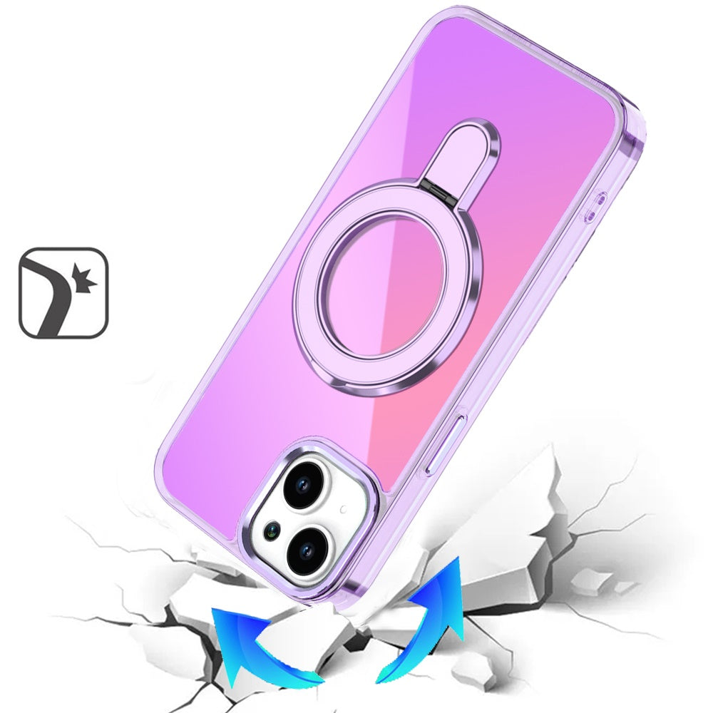 For Apple iPhone 15 Plus /14 Plus Chrome Hybrid with Rotating Magnetic Circle Ring Stand, Slim Shockproof Hybrid Case Cover