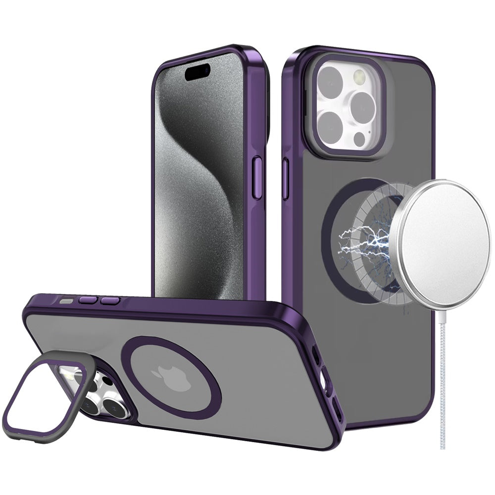For Apple iPhone 15 Pro Max Tough HQ Hybrid Case with Aluminum Frame Camera Stand, Compatible with MagSafe, Translucent Matte Shockproof Case Cover